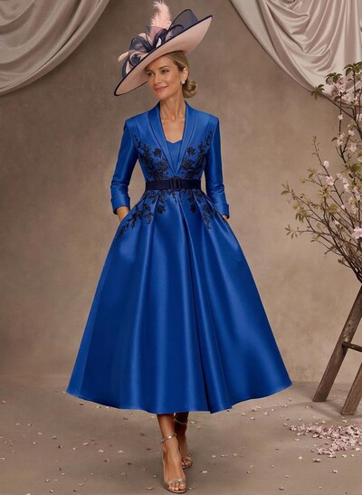 Ball-Gown V-Neck 3/4 Sleeves Tea-Length Satin Mother Of The Bride Dresses With Flower(s)