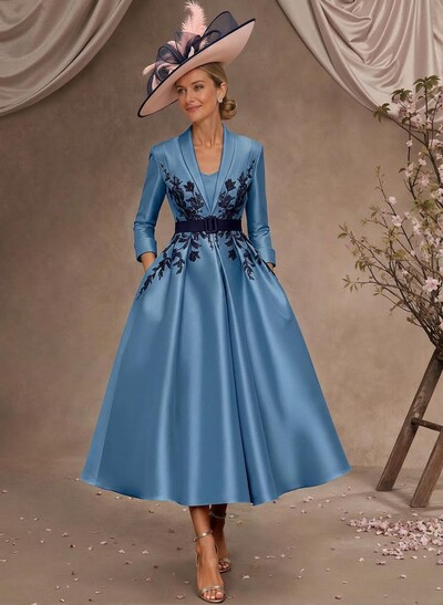 Ball-Gown V-Neck 3/4 Sleeves Tea-Length Satin Mother Of The Bride Dresses With Flower(s)