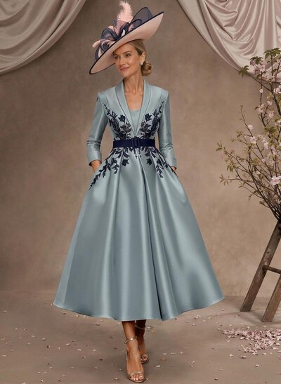 Ball-Gown V-Neck 3/4 Sleeves Tea-Length Satin Mother Of The Bride Dresses With Flower(s)