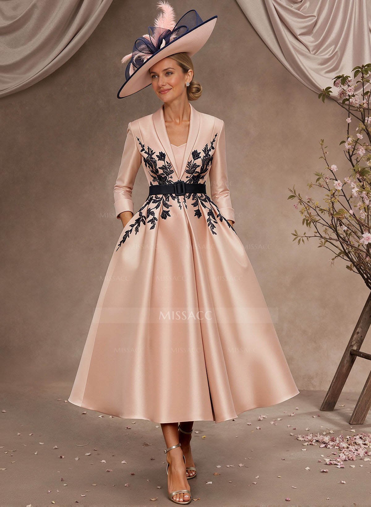 Ball-Gown V-Neck 3/4 Sleeves Tea-Length Satin Mother Of The Bride Dresses With Flower(s)