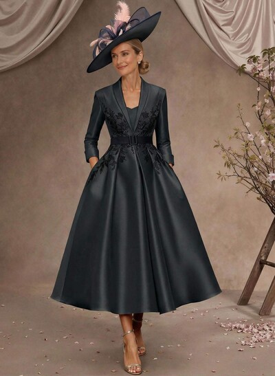 Ball-Gown V-Neck 3/4 Sleeves Tea-Length Satin Mother Of The Bride Dresses With Flower(s)