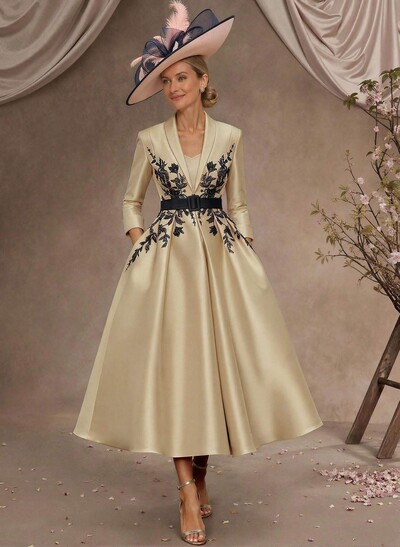 Ball-Gown V-Neck 3/4 Sleeves Tea-Length Satin Mother Of The Bride Dresses With Flower(s)