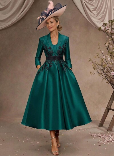 Ball-Gown V-Neck 3/4 Sleeves Tea-Length Satin Mother Of The Bride Dresses With Flower(s)