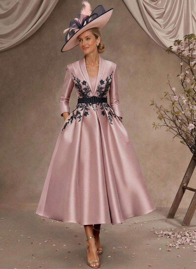 Ball-Gown V-Neck 3/4 Sleeves Tea-Length Satin Mother Of The Bride Dresses With Flower(s)