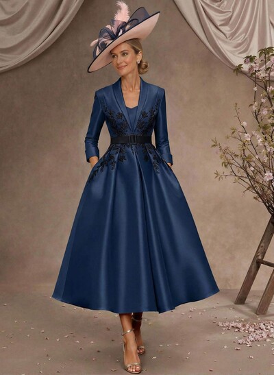 Ball-Gown V-Neck 3/4 Sleeves Tea-Length Satin Mother Of The Bride Dresses With Flower(s)