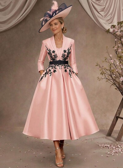 Ball-Gown V-Neck 3/4 Sleeves Tea-Length Satin Mother Of The Bride Dresses With Flower(s)