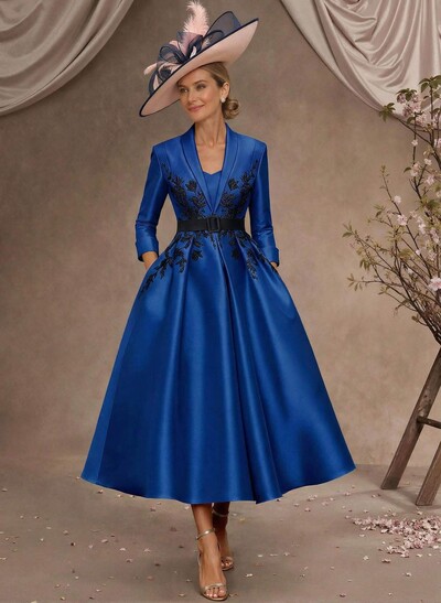 Ball-Gown V-Neck 3/4 Sleeves Tea-Length Satin Mother Of The Bride Dresses With Flower(s)