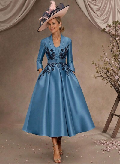 Ball-Gown V-Neck 3/4 Sleeves Tea-Length Satin Mother Of The Bride Dresses With Flower(s)