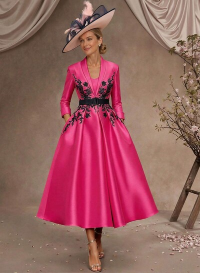 Ball-Gown V-Neck 3/4 Sleeves Tea-Length Satin Mother Of The Bride Dresses With Flower(s)