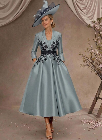 Ball-Gown V-Neck 3/4 Sleeves Tea-Length Satin Mother Of The Bride Dresses With Flower(s)