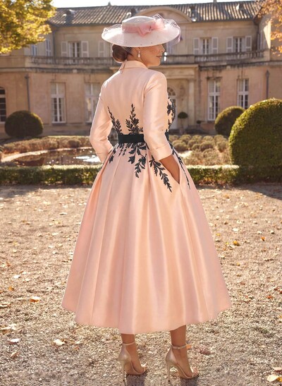 Ball-Gown V-Neck 3/4 Sleeves Tea-Length Satin Mother Of The Bride Dresses With Flower(s)