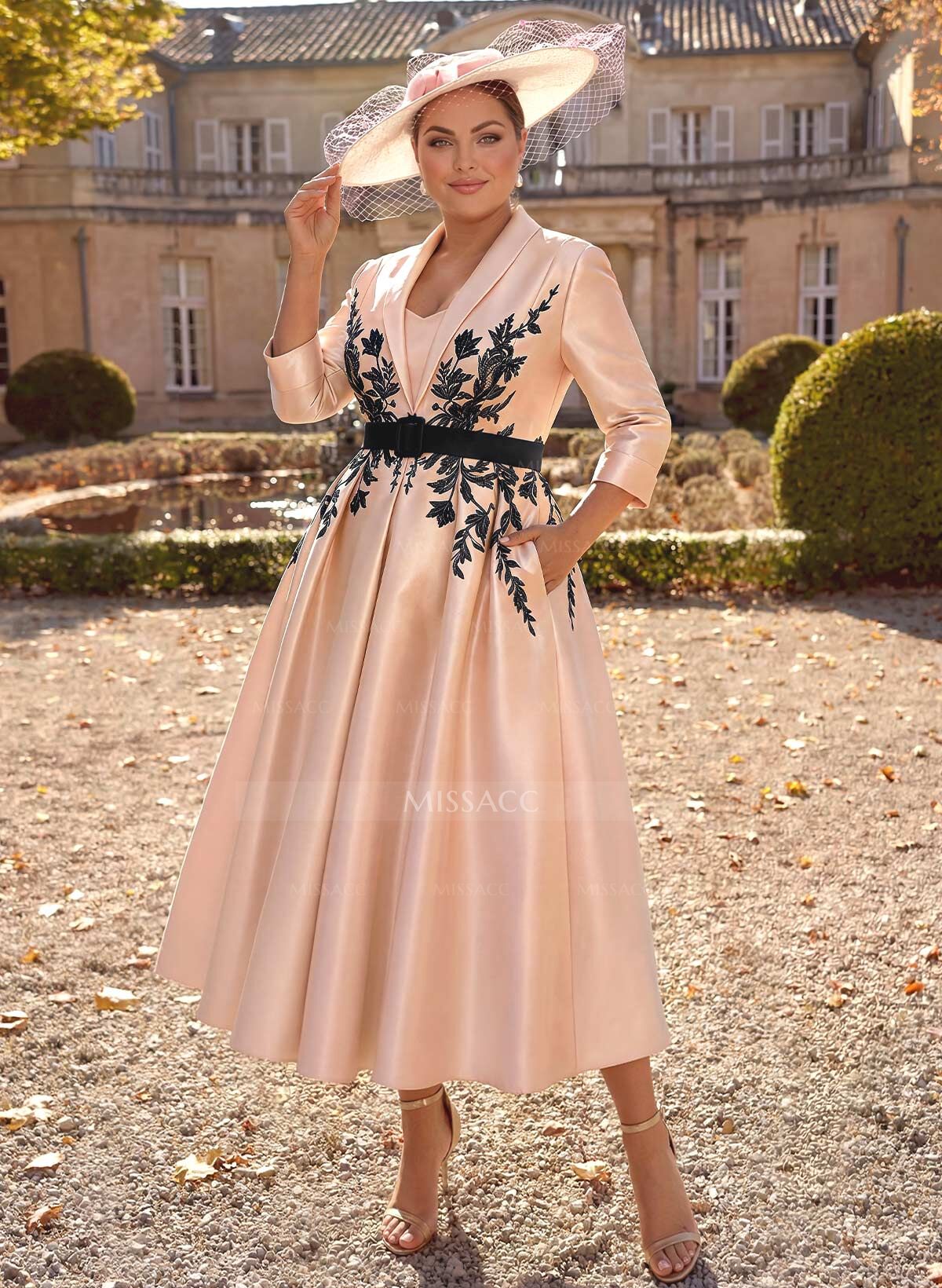Ball-Gown V-Neck 3/4 Sleeves Tea-Length Satin Mother Of The Bride Dresses With Flower(s)