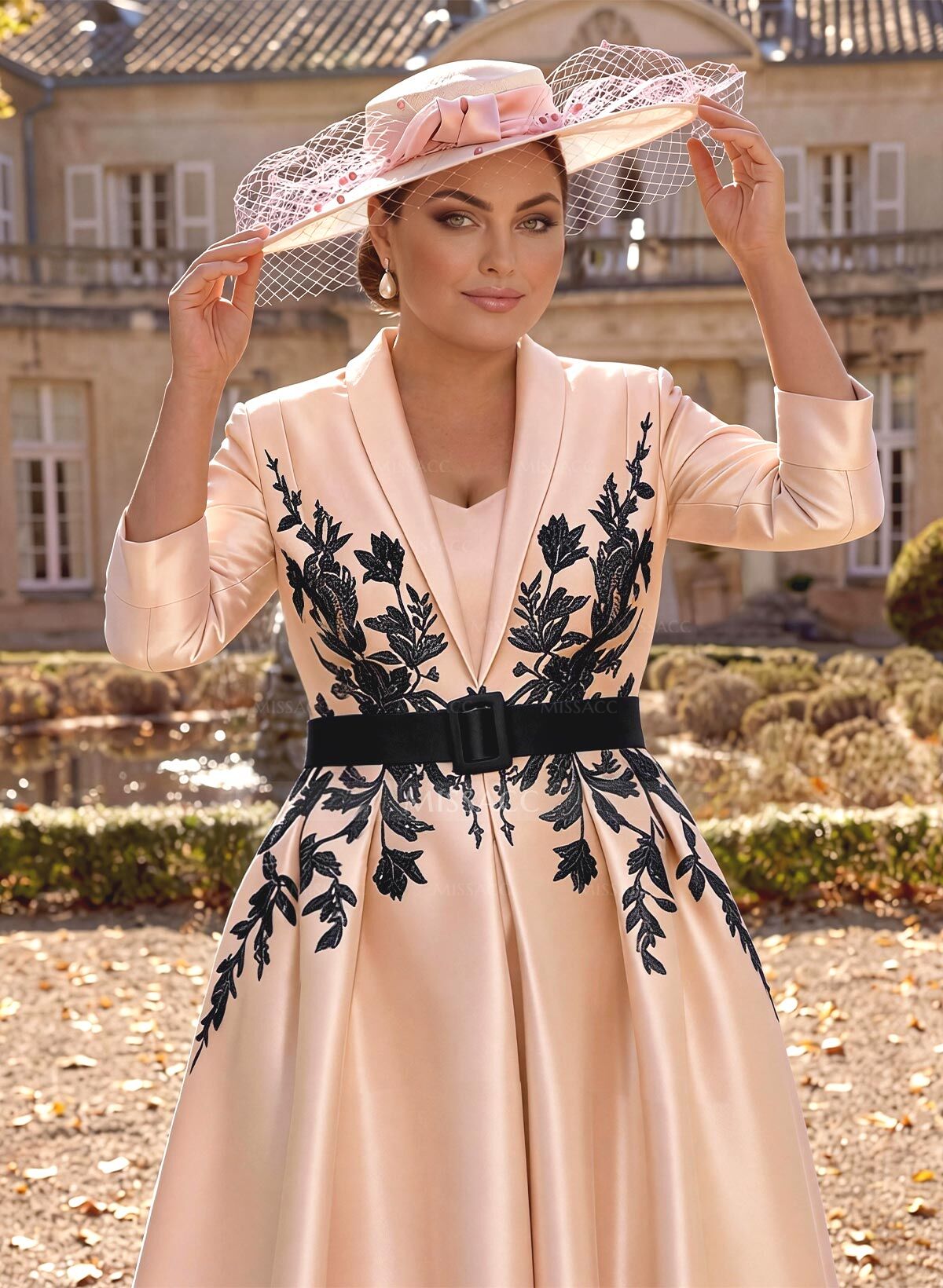 Ball-Gown V-Neck 3/4 Sleeves Tea-Length Satin Mother Of The Bride Dresses With Flower(s)