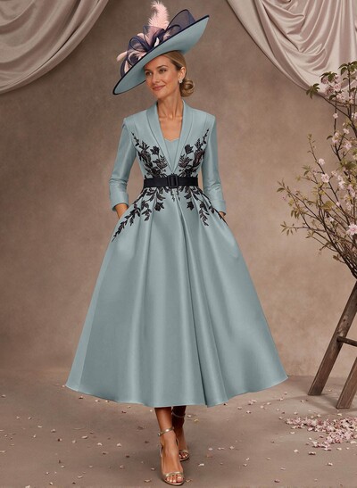 Ball-Gown V-Neck 3/4 Sleeves Tea-Length Satin Mother Of The Bride Dresses With Flower(s)