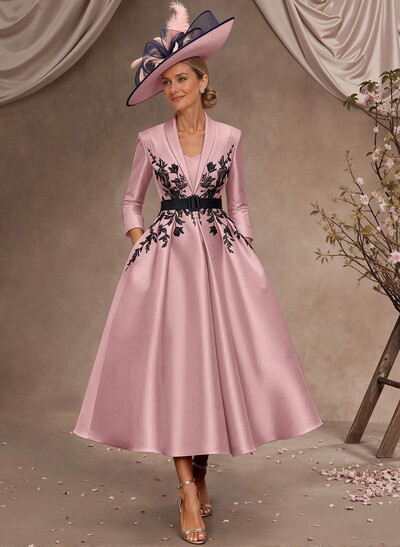 Ball-Gown V-Neck 3/4 Sleeves Tea-Length Satin Mother Of The Bride Dresses With Flower(s)