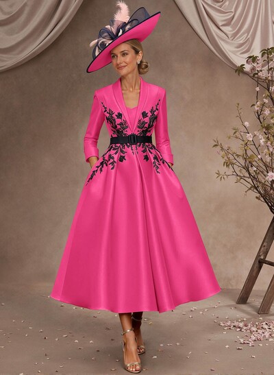 Ball-Gown V-Neck 3/4 Sleeves Tea-Length Satin Mother Of The Bride Dresses With Flower(s)