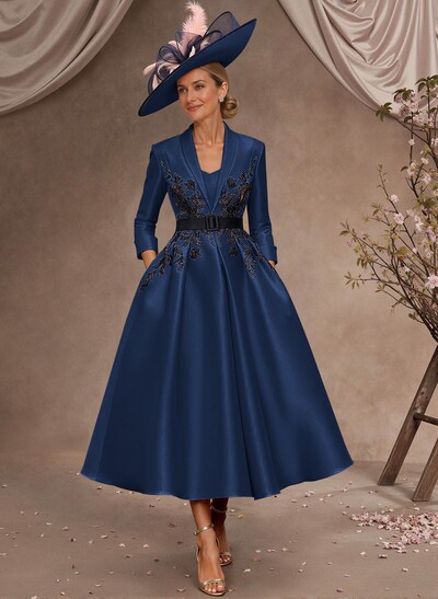 Ball-Gown V-Neck 3/4 Sleeves Tea-Length Satin Mother Of The Bride Dresses With Flower(s)