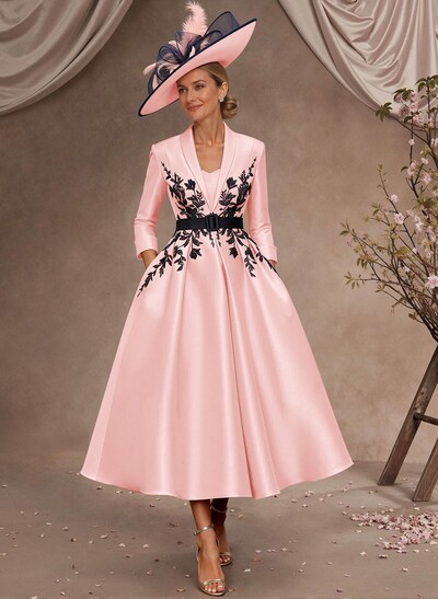 Ball-Gown V-Neck 3/4 Sleeves Tea-Length Satin Mother Of The Bride Dresses With Flower(s)
