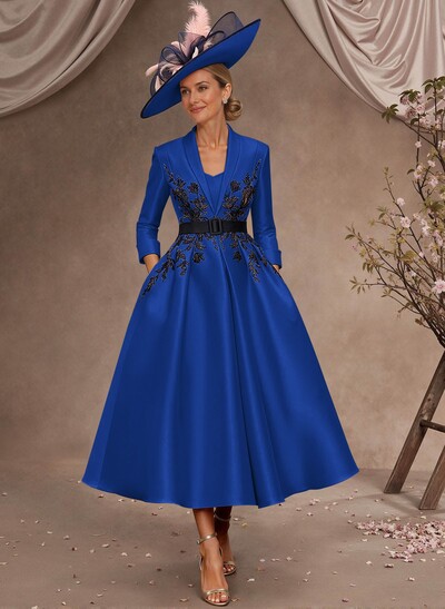 Ball-Gown V-Neck 3/4 Sleeves Tea-Length Satin Mother Of The Bride Dresses With Flower(s)