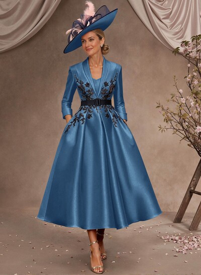 Ball-Gown V-Neck 3/4 Sleeves Tea-Length Satin Mother Of The Bride Dresses With Flower(s)