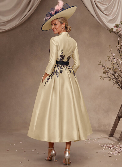 Ball-Gown V-Neck 3/4 Sleeves Tea-Length Satin Mother Of The Bride Dresses With Flower(s)