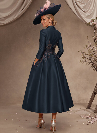 Ball-Gown V-Neck 3/4 Sleeves Tea-Length Satin Mother Of The Bride Dresses With Flower(s)