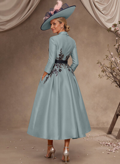 Ball-Gown V-Neck 3/4 Sleeves Tea-Length Satin Mother Of The Bride Dresses With Flower(s)