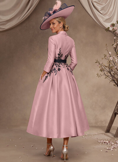 Ball-Gown V-Neck 3/4 Sleeves Tea-Length Satin Mother Of The Bride Dresses With Flower(s)