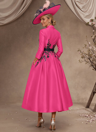 Ball-Gown V-Neck 3/4 Sleeves Tea-Length Satin Mother Of The Bride Dresses With Flower(s)