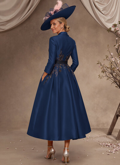 Ball-Gown V-Neck 3/4 Sleeves Tea-Length Satin Mother Of The Bride Dresses With Flower(s)