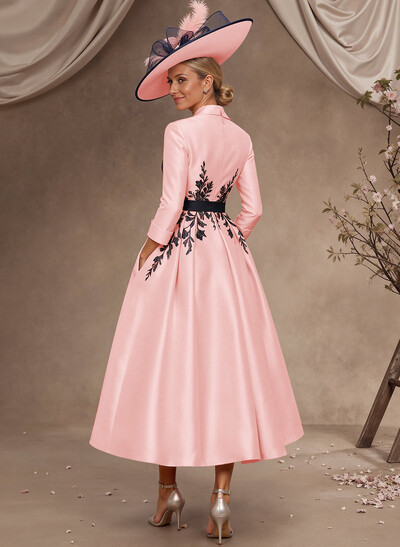Ball-Gown V-Neck 3/4 Sleeves Tea-Length Satin Mother Of The Bride Dresses With Flower(s)