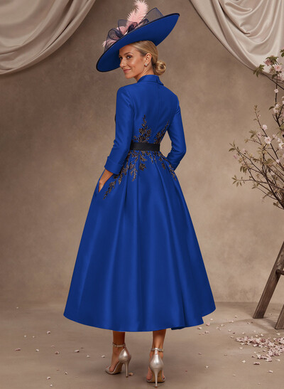 Ball-Gown V-Neck 3/4 Sleeves Tea-Length Satin Mother Of The Bride Dresses With Flower(s)