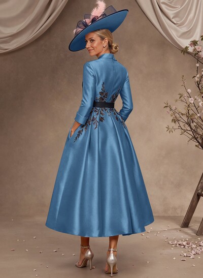 Ball-Gown V-Neck 3/4 Sleeves Tea-Length Satin Mother Of The Bride Dresses With Flower(s)