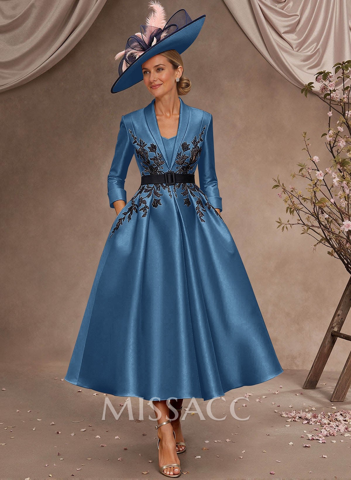 Ball-Gown V-Neck 3/4 Sleeves Tea-Length Satin Mother Of The Bride Dresses With Flower(s)