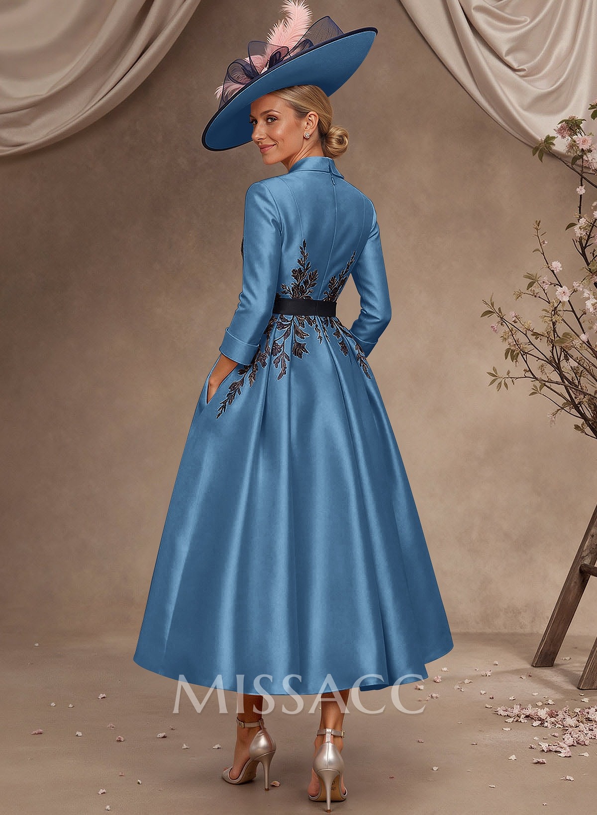 Ball-Gown V-Neck 3/4 Sleeves Tea-Length Satin Mother Of The Bride Dresses With Flower(s)