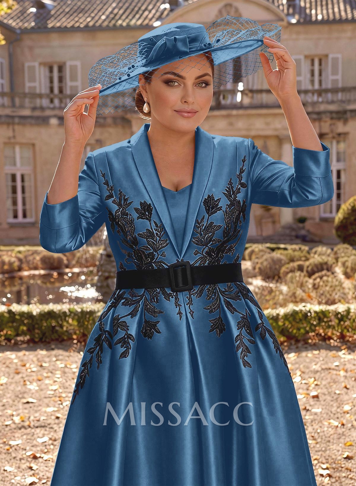 Ball-Gown V-Neck 3/4 Sleeves Tea-Length Satin Mother Of The Bride Dresses With Flower(s)