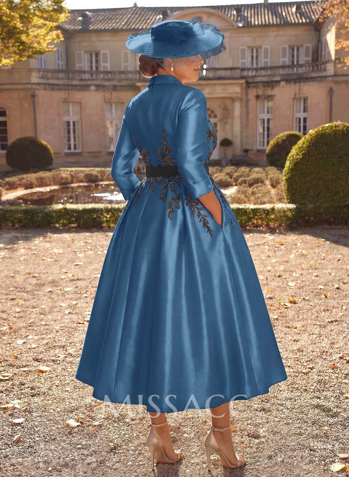 Ball-Gown V-Neck 3/4 Sleeves Tea-Length Satin Mother Of The Bride Dresses With Flower(s) Ball-Gown V-Neck 3/4 Sleeves Tea-Length Satin Mother Of The Bride Dresses With Flower(s)