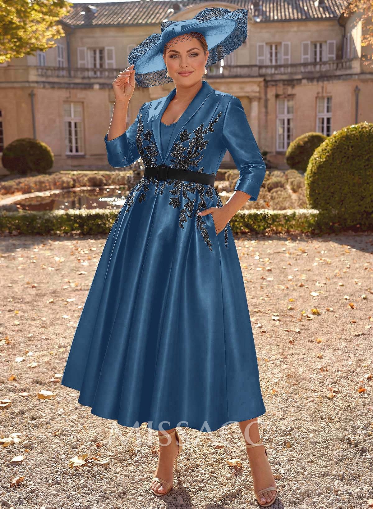 Ball-Gown V-Neck 3/4 Sleeves Tea-Length Satin Mother Of The Bride Dresses With Flower(s) Ball-Gown V-Neck 3/4 Sleeves Tea-Length Satin Mother Of The Bride Dresses With Flower(s)
