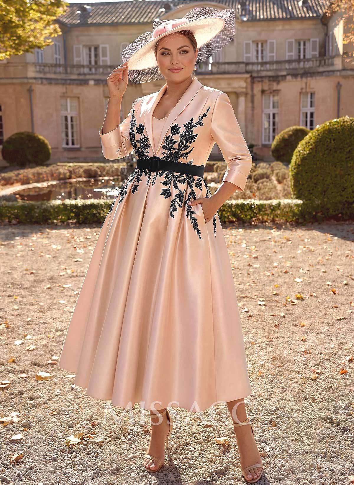 Ball-Gown V-Neck 3/4 Sleeves Tea-Length Satin Mother Of The Bride Dresses With Flower(s) Ball-Gown V-Neck 3/4 Sleeves Tea-Length Satin Mother Of The Bride Dresses With Flower(s)