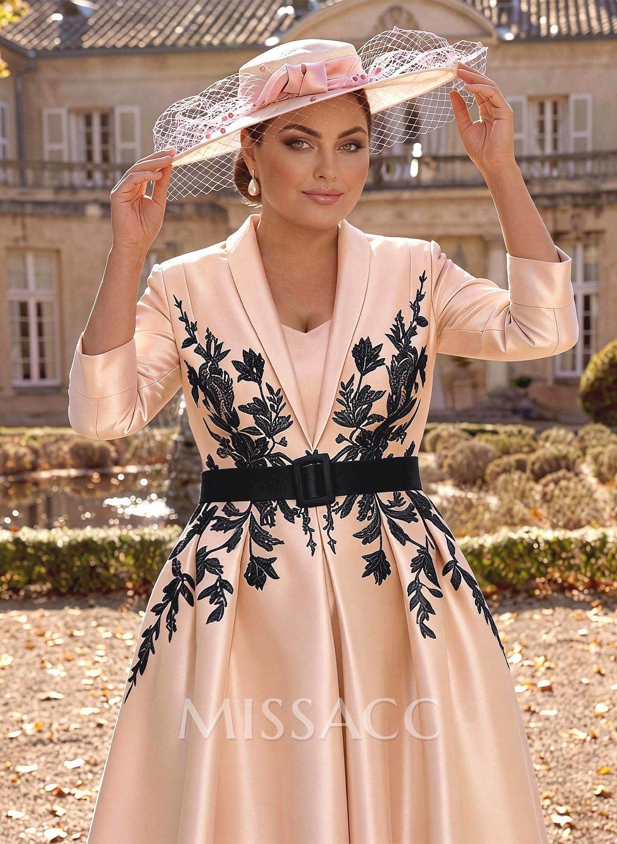 Ball-Gown V-Neck 3/4 Sleeves Tea-Length Satin Mother Of The Bride Dresses With Flower(s) Ball-Gown V-Neck 3/4 Sleeves Tea-Length Satin Mother Of The Bride Dresses With Flower(s)
