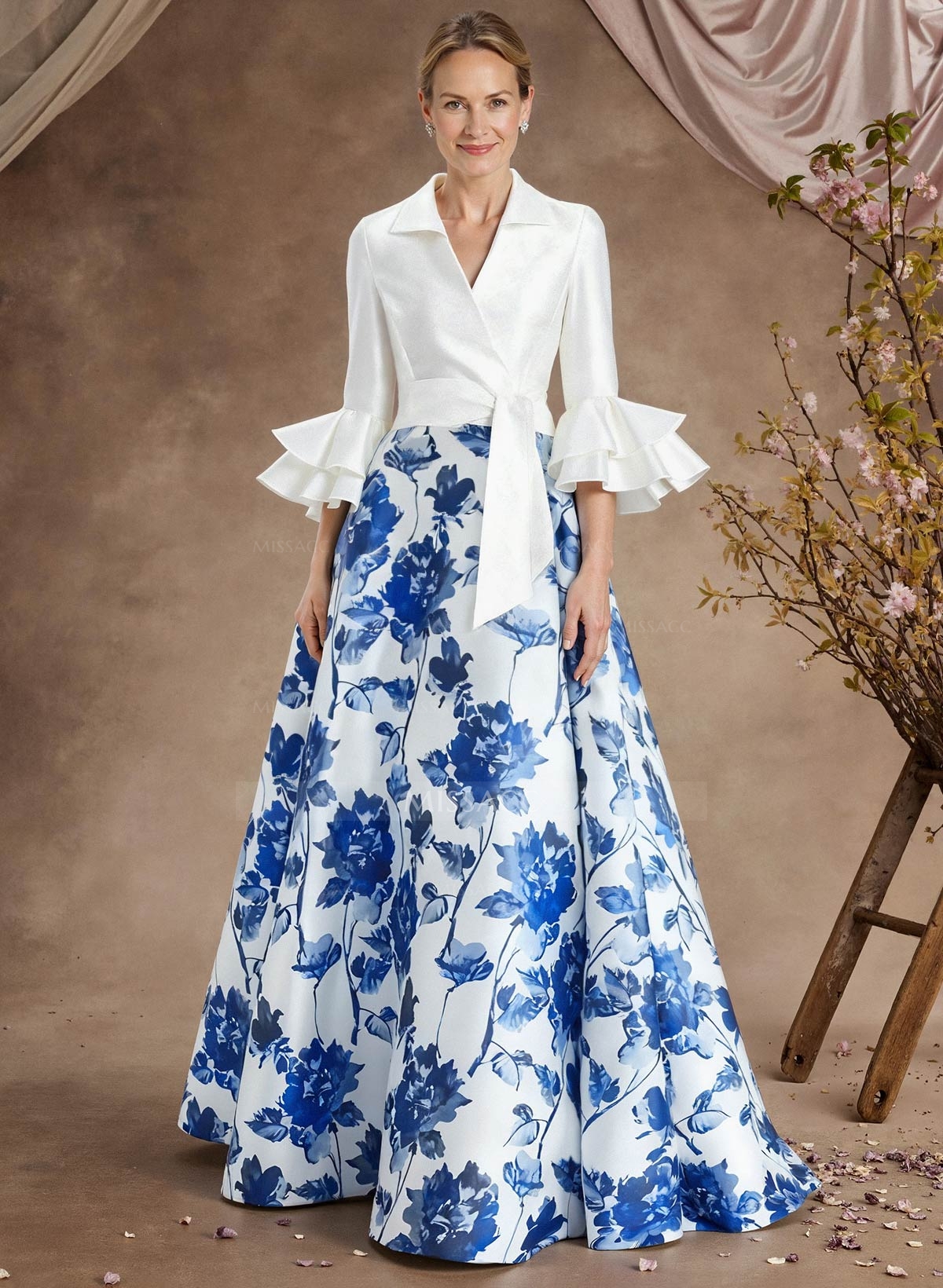 A-Line V-Neck 3/4 Sleeves Floor-Length Taffeta Mother Of The Bride Dresses With Cascading Ruffles Flower(s)