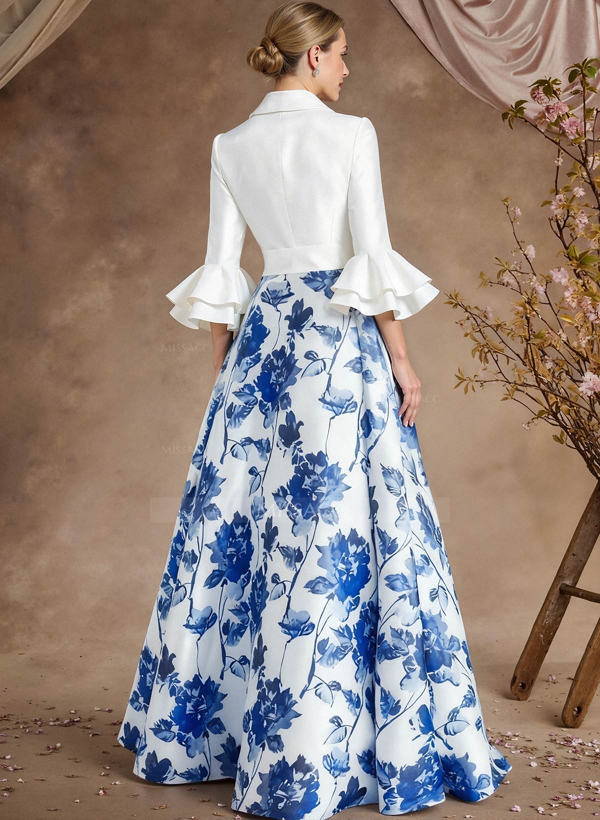 A-Line V-Neck 3/4 Sleeves Floor-Length Taffeta Mother Of The Bride Dresses With Cascading Ruffles Flower(s)