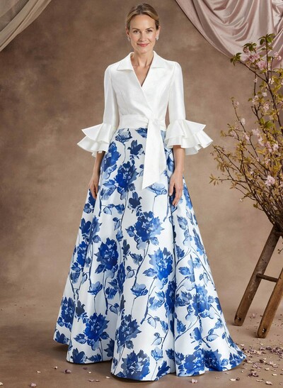 A-Line V-Neck 3/4 Sleeves Floor-Length Taffeta Mother Of The Bride Dresses With Cascading Ruffles Flower(s)