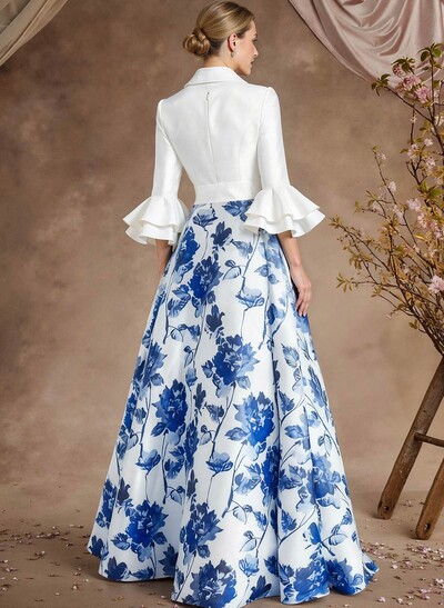 A-Line V-Neck 3/4 Sleeves Floor-Length Taffeta Mother Of The Bride Dresses With Cascading Ruffles Flower(s)