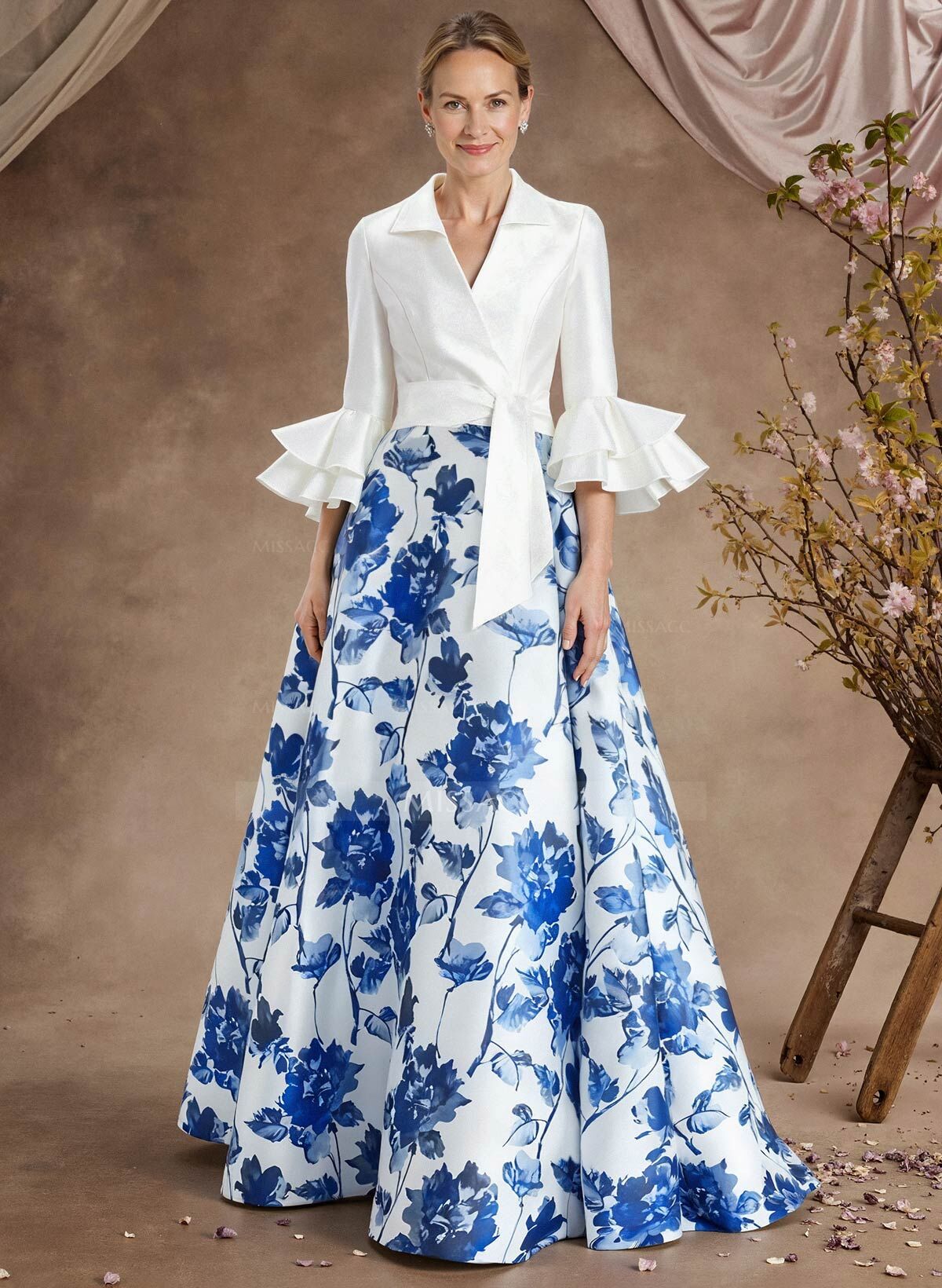 A-Line V-Neck 3/4 Sleeves Floor-Length Taffeta Mother Of The Bride Dresses With Cascading Ruffles Flower(s)