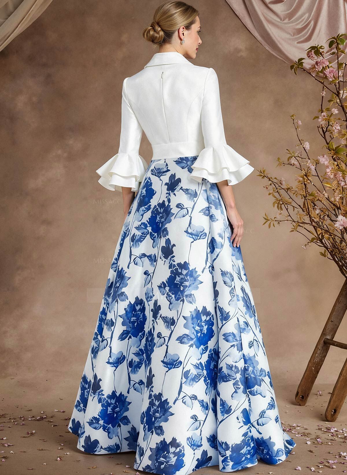 A-Line V-Neck 3/4 Sleeves Floor-Length Taffeta Mother Of The Bride Dresses With Cascading Ruffles Flower(s)