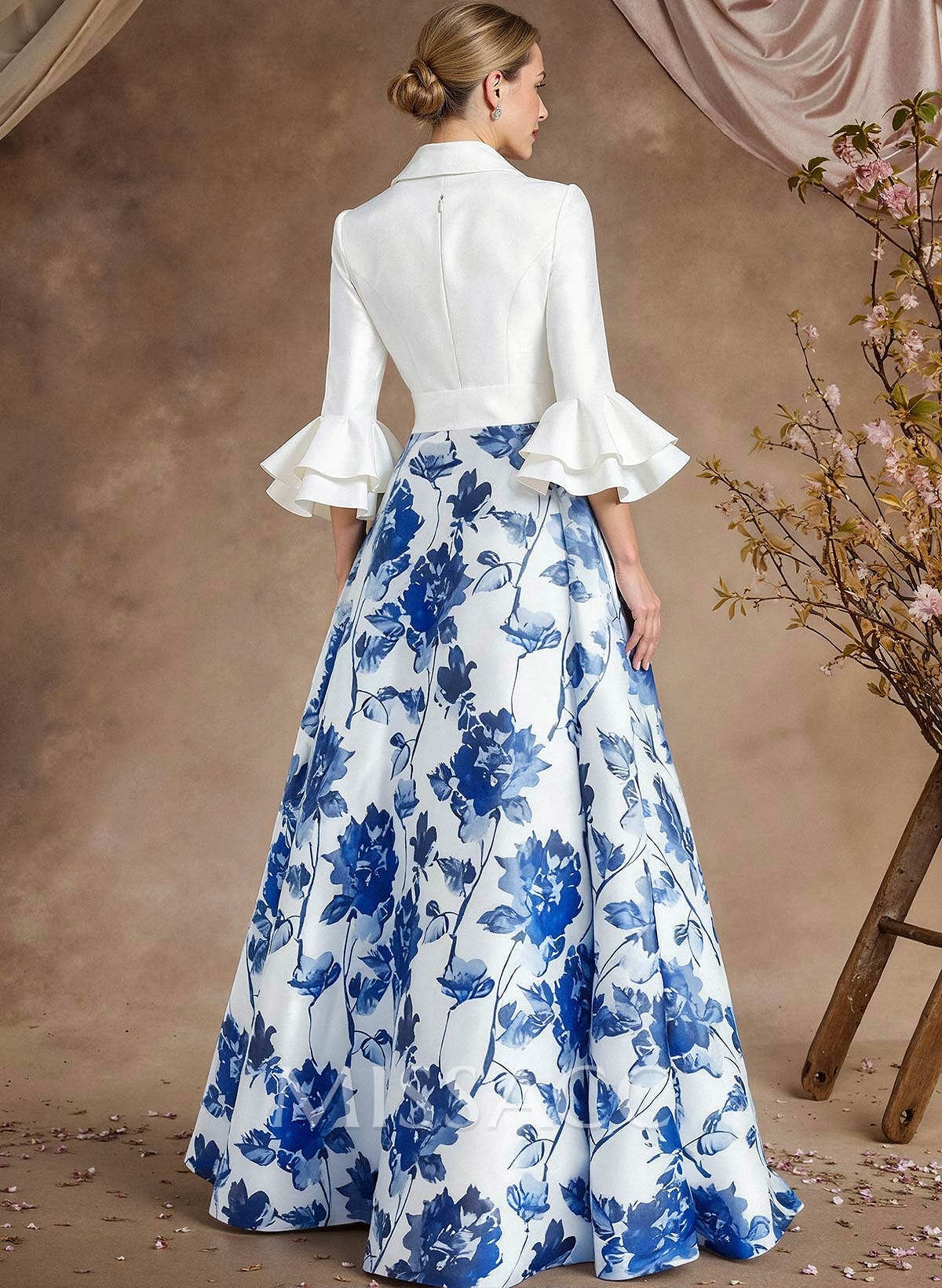 A-Line V-Neck 3/4 Sleeves Floor-Length Taffeta Mother Of The Bride Dresses With Cascading Ruffles Flower(s) A-Line V-Neck 3/4 Sleeves Floor-Length Taffeta Mother Of The Bride Dresses With Cascading Ruffles Flower(s)