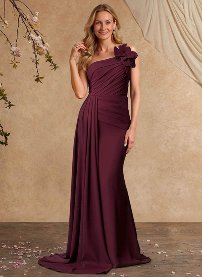 Sheath/Column One-Shoulder Sleeveless Sweep Train Elastic Satin Mother Of The Bride Dresses With Pleated/Flower(s)/Sweeping Side Drape