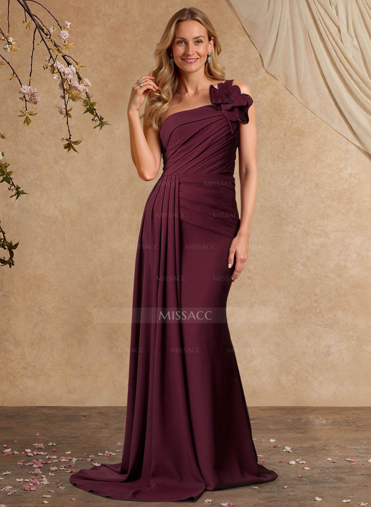 Sheath/Column One-Shoulder Sleeveless Sweep Train Elastic Satin Mother Of The Bride Dresses With Pleated/Flower(s)/Sweeping Side Drape