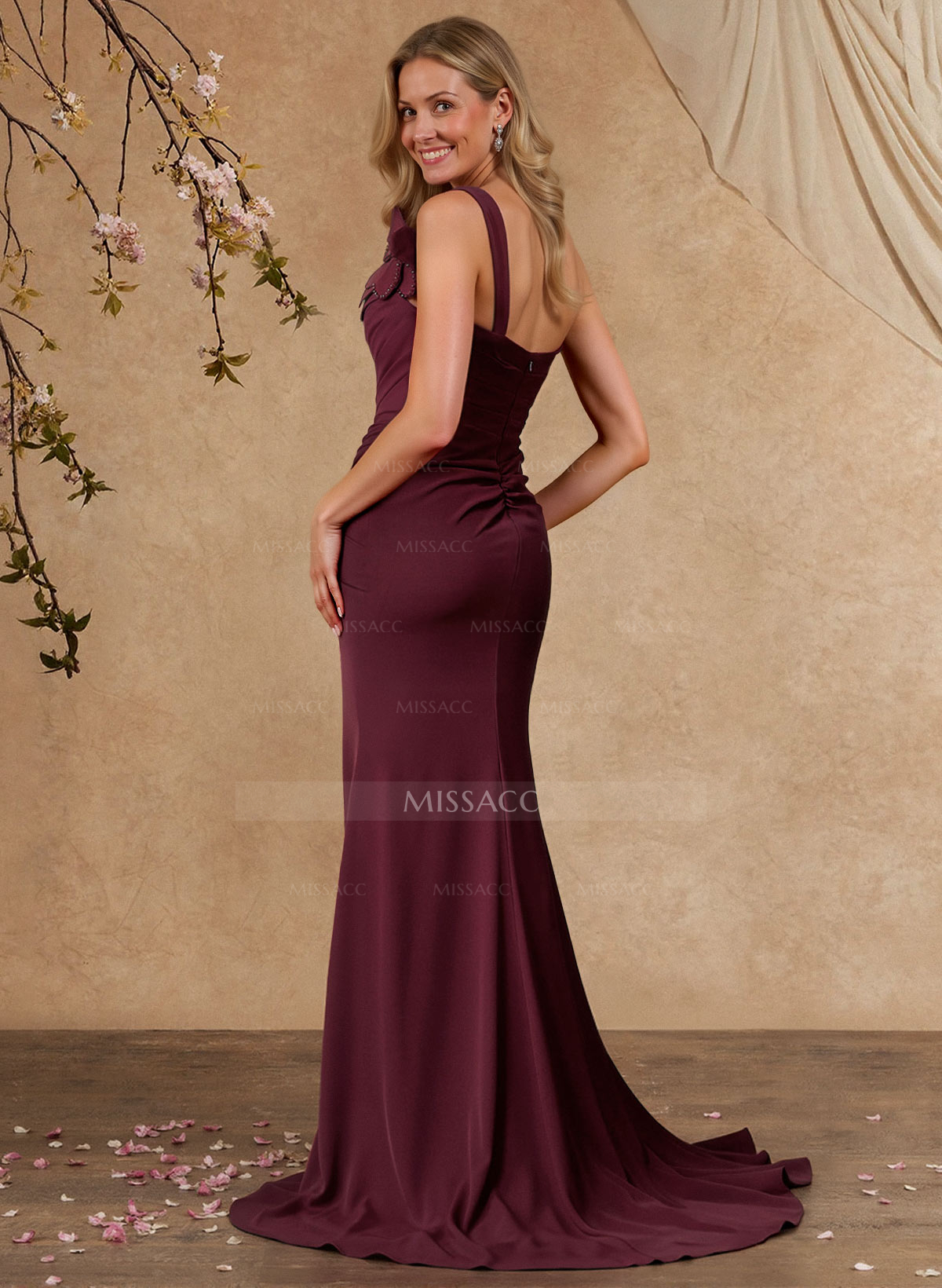 Sheath/Column One-Shoulder Sleeveless Sweep Train Elastic Satin Mother Of The Bride Dresses With Pleated/Flower(s)/Sweeping Side Drape